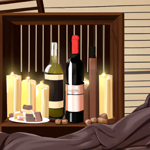 An image of a cozy living room scene with a rustic wooden crate filled with flickering candles, a bottle of wine, gourmet chocolates, a blanket, and a collection of classic romance movies on a shelf nearby