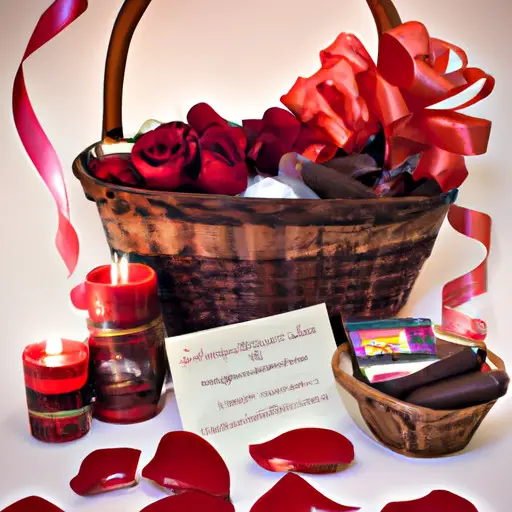 An image featuring a beautifully arranged wicker basket adorned with delicate red rose petals, intertwined with satin ribbons