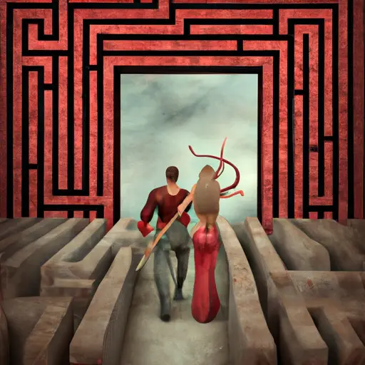 An image showcasing a Sagittarius man and Taurus woman facing a maze, symbolizing the challenges they may encounter
