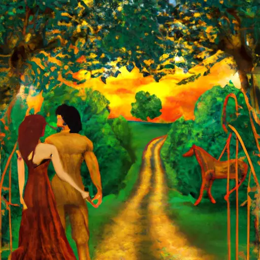 An image showcasing a serene countryside landscape bathed in golden hues, where a confident Sagittarius man and a grounded Taurus woman stroll hand-in-hand along a winding path, their eyes locked in a deep, passionate connection