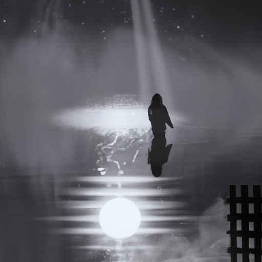 An image of a misty, moonlit landscape, where a figure stands before a shimmering lake