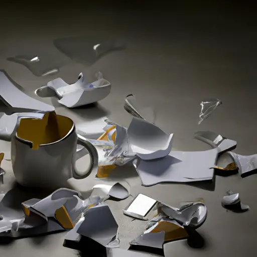 An image of a broken coffee mug with shattered pieces scattered on a desk, surrounded by crumpled papers and a tense atmosphere