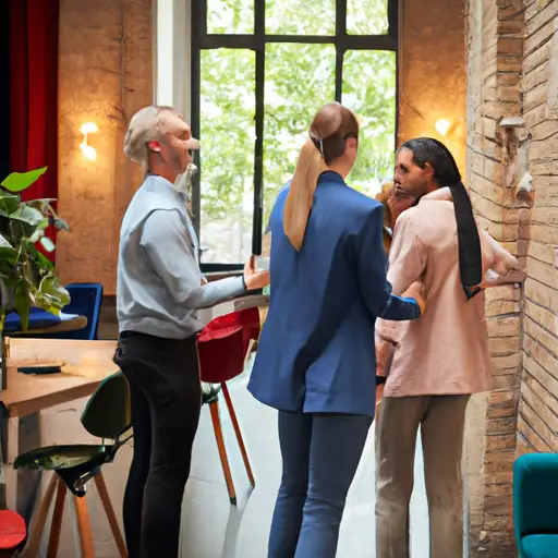 An image featuring a diverse group of professionals engaged in a friendly conversation during a work break, showcasing subtle gestures of respect and camaraderie, emphasizing the importance of maintaining professionalism while dating a coworker