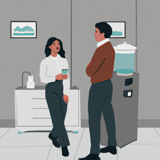 An image depicting two colleagues engaged in a discreet conversation near the water cooler amidst a bustling office environment