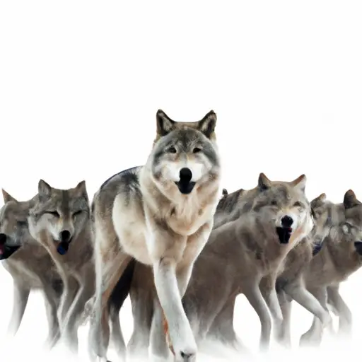 An image of a lone wolf standing tall amidst a pack of alpha and beta wolves, confidently displaying its independence through its strong stance and piercing gaze