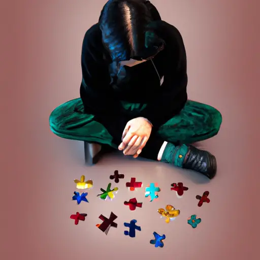 An image showcasing a person comfortably seated, surrounded by various puzzle pieces that symbolize the complex and gradual process of forming emotional connections, capturing the essence of understanding demisexuality