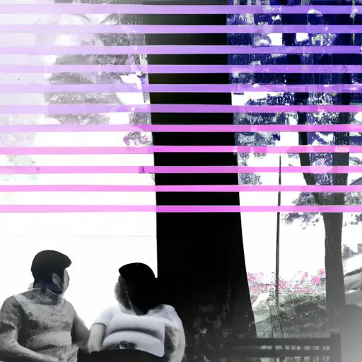 An image depicting a couple sitting side by side on a park bench, one person looking contemplatively at the other, while a hazy line represents the slow emotional connection forming between them