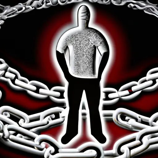 An image depicting a person standing alone, arms crossed defiantly, while surrounded by a trail of broken chains symbolizing the weight of authority