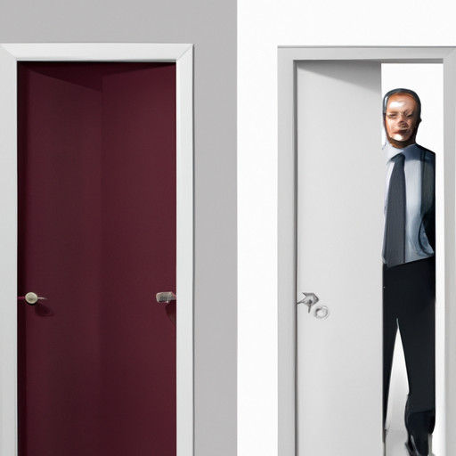 An image that portrays a boss standing behind a wall, divided in two halves: one side shows an open door symbolizing transparency, while the other depicts a closed and locked door symbolizing lack of trust