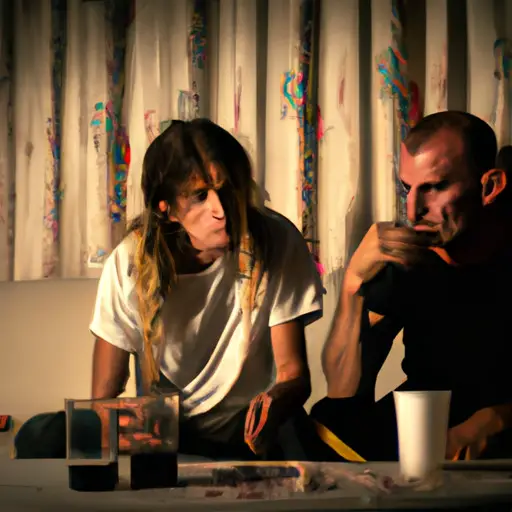 An image portraying a couple sitting in a dimly lit room, the drug-addicted partner with sunken eyes and a disheveled appearance, while the other looks concerned, mirroring the emotional tension