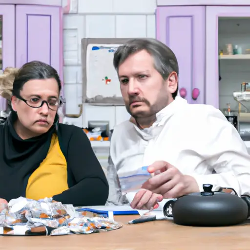 An image of a couple sitting at a kitchen table, surrounded by stacks of unpaid bills and overdue notices