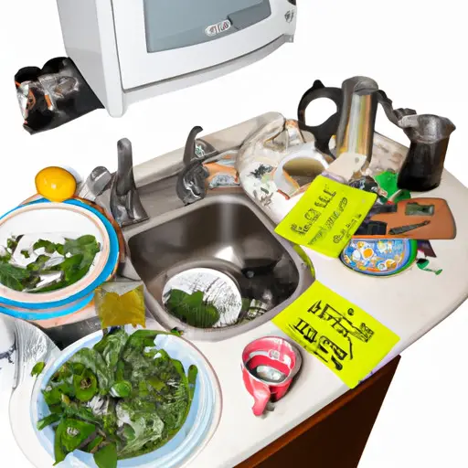 An image showcasing a disheveled kitchen sink overflowing with dirty dishes, neglected bills piling up on a cluttered desk, and wilted houseplants, highlighting the neglected responsibilities often seen when dating a drug addict