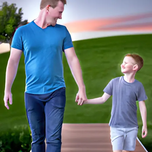An image showcasing a single gay dad smiling while holding hands with his child, as they playfully walk alongside a potential partner