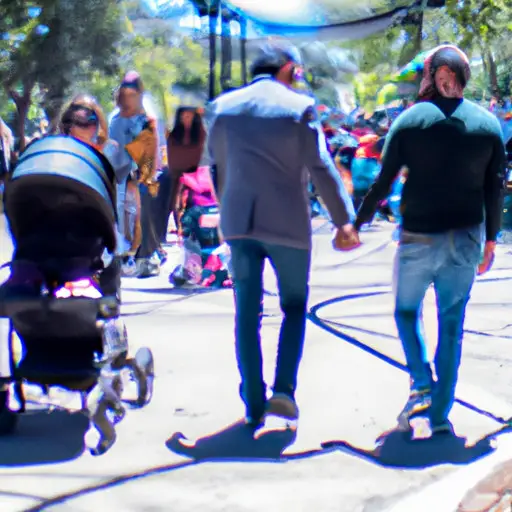 An image depicting two men holding hands while pushing a stroller in a bustling city park, capturing the vibrant background of a diverse group of families enjoying a sunny day together