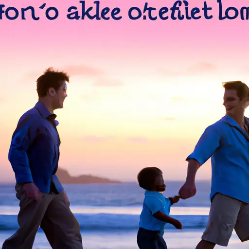 An image that captures the essence of single gay dad dating: two men strolling hand-in-hand along a sandy beach at sunset, their child happily playing nearby, a sense of love and joy radiating from their smiles