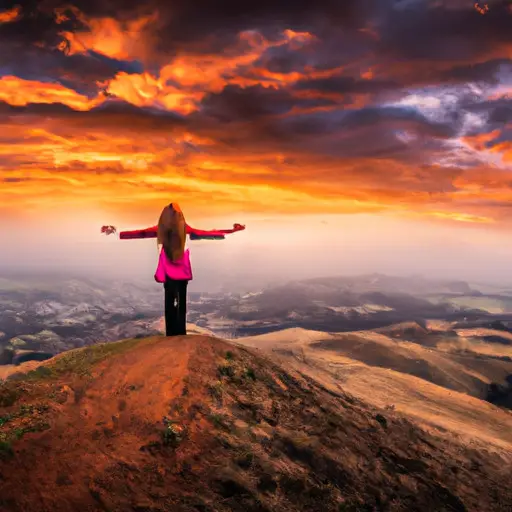 An image of a confident woman in her 40s standing on a mountaintop, arms wide open, as a vibrant sunrise paints the sky