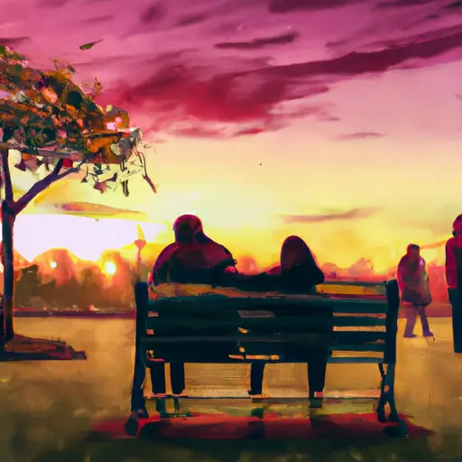 An image depicting a solitary figure sitting on a park bench, surrounded by happy couples holding hands, while a vibrant sunset casts a melancholic glow over the scene