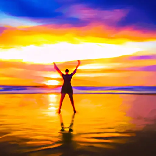 An image showcasing a vibrant sunset over a serene beach, with a single person joyfully dancing in the foreground, radiating contentment and embracing the freedom and happiness found in the beauty of singleness
