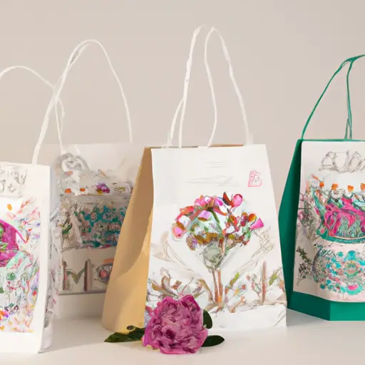 An image showcasing a collection of small wedding gift bags, each adorned with intricate, hand-painted designs reflecting the couple's interests and hobbies, offering a unique and personalized touch to their special day