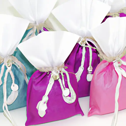 An image showcasing an assortment of charming, small wedding gift bags in various colors, adorned with delicate ribbons and filled with thoughtful trinkets, perfect for budget-conscious couples seeking affordable yet stylish options
