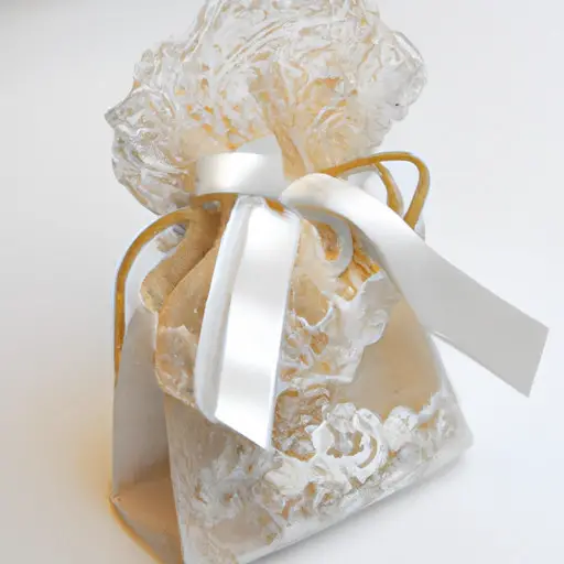 An image showcasing a beautifully crafted miniature wedding gift bag, adorned with delicate lace and a dainty satin bow