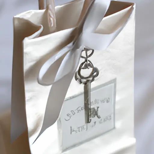 An image showcasing a beautifully crafted small wedding gift bag filled with delicate tissue paper and adorned with a satin ribbon, elegantly displaying a miniature silver key charm and a personalized tag