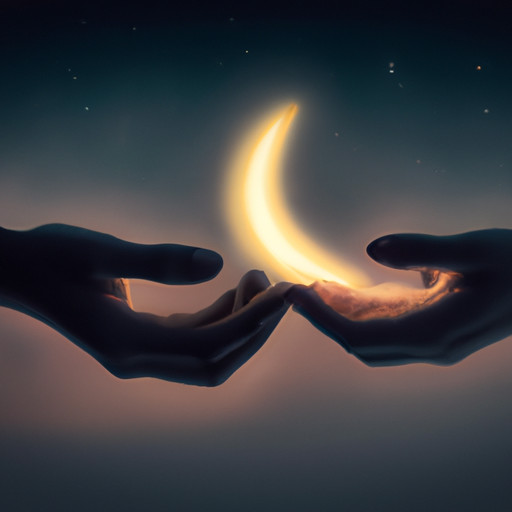 An image of a serene night sky with a fading crescent moon casting a soft glow on two intertwined hands, one representing the dreamer and the other their ex-girlfriend, symbolizing the ethereal connection and introspective journey of understanding past relationships