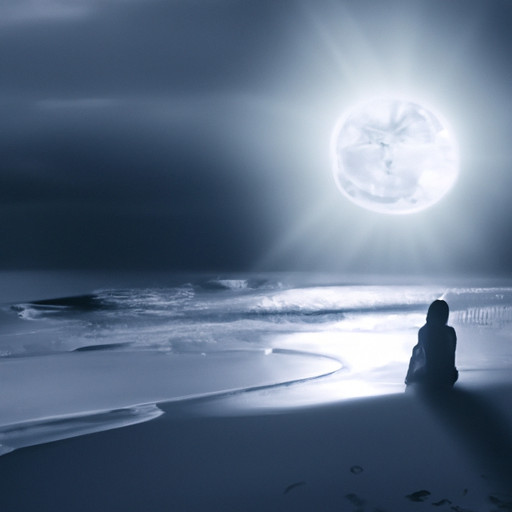 An image of a serene, moonlit beach with a solitary figure gazing at the ocean