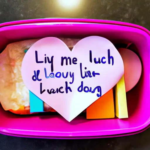 An image showcasing a vibrant, heart-shaped lunchbox brimming with delicious treats, adorned with colorful sticky notes bearing affectionate messages