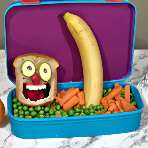An image of a colorful lunchbox bursting with laughter: a sandwich wearing a goofy expression, a carrot juggling peas, and a banana telling a hilarious joke