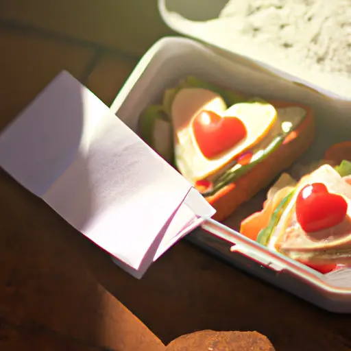 An image of a lunchbox filled with heart-shaped sandwiches, a small note nestled among them