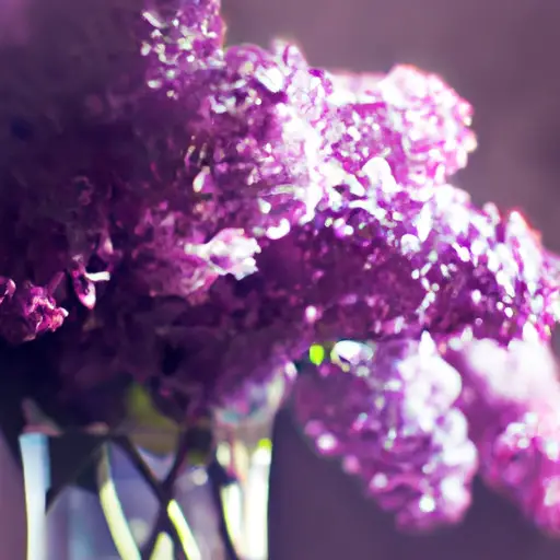 An image of a vibrant bouquet of purple lilacs, elegantly arranged in a crystal vase, reflecting the gentle sunlight