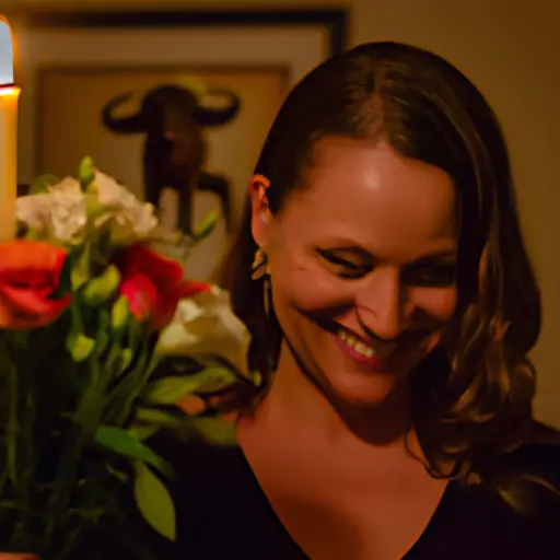 An image of a Taurus woman smiling radiantly as her partner surprises her with a bouquet of her favorite flowers, while the soft glow of candlelight fills the room, creating a warm and romantic ambiance