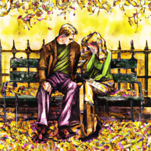 An image that portrays a couple sitting on a park bench, surrounded by autumn leaves