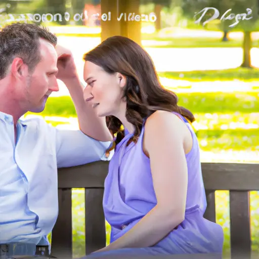 An image that portrays a couple sitting face-to-face on a sunlit park bench, immersed in a sincere and open conversation