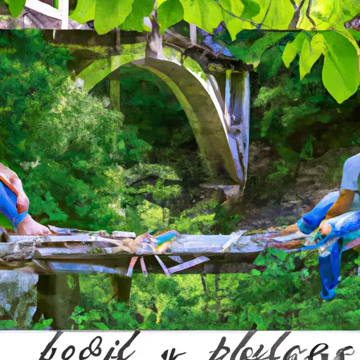 An image showing a couple sitting on opposite sides of a broken bridge, surrounded by lush greenery