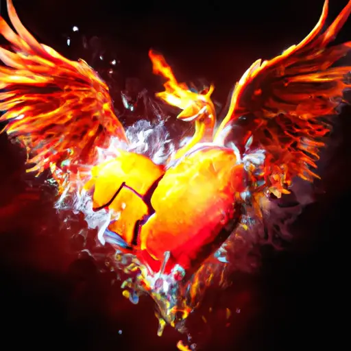 An image depicting a fiery phoenix emerging from the shattered remains of a broken heart, symbolizing the triumph of reclaiming a cheating ex-lover