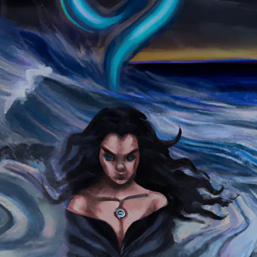 An image of a Taurus woman amidst a storm of swirling emotions, standing on a deserted beach at twilight