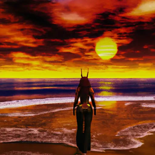 An image of a lone Taurus woman standing at the edge of a serene beach, gazing at the vast ocean