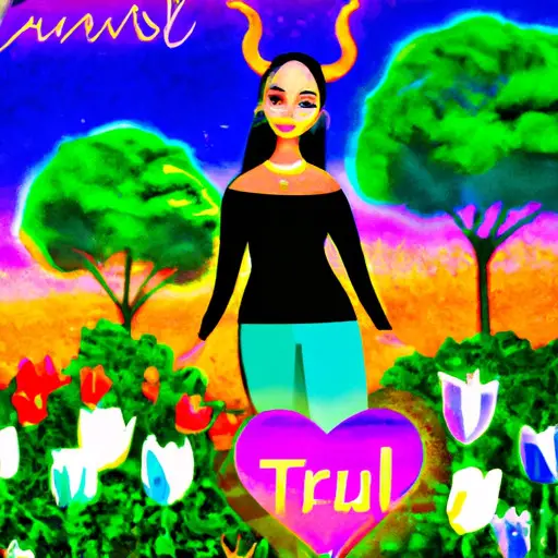 An image depicting a Taurus woman standing confidently amidst a colorful garden, her face radiating joy as she embraces a new beginning