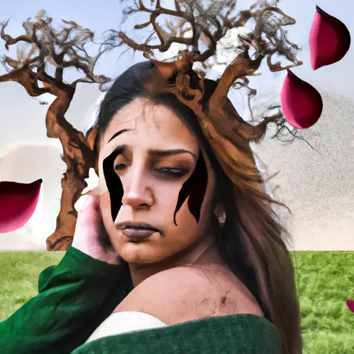 An image capturing a Taurus woman's post-breakup emotions: a tear-stained face amidst a field of withered roses, her determined gaze reflecting strength, while her grounded nature is symbolized by a sturdy oak tree in the background