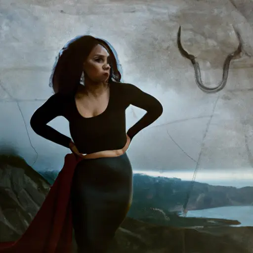 An image showcasing the stubbornness of a Taurus woman: Capture her determined gaze, jaw clenched, as she stands unwaveringly against a stormy backdrop, refusing to yield