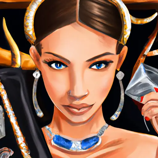 An image showcasing a stylish Taurus woman surrounded by luxurious possessions, her eyes gleaming with desire as she clutches a diamond necklace, symbolizing her materialistic nature