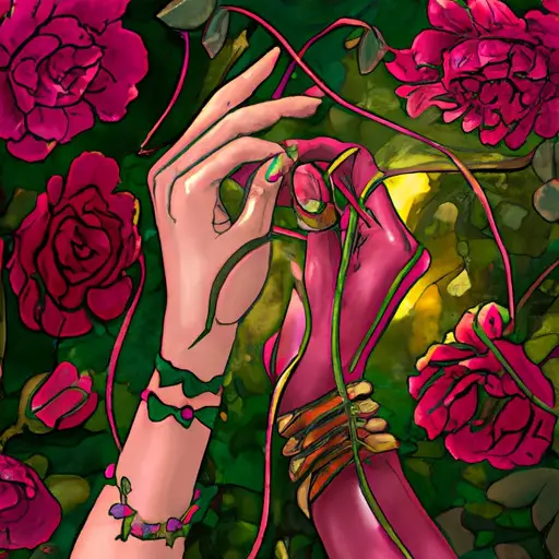 An image of a blooming garden, with vibrant roses and luscious greenery, where a Taurus woman gracefully embraces a lover, their intertwining hands reflecting their unwavering commitment and deep connection