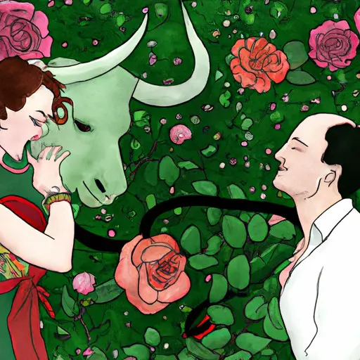 An image of a serene Taurus woman, surrounded by a lush garden adorned with blooming roses, while being embraced by an empathetic Cancer man, showcasing the compatibility between Taurus women and Cancer men