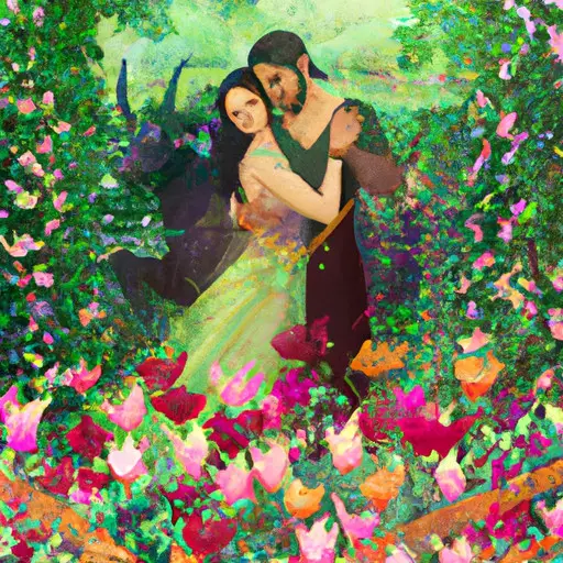 An image showcasing a Taurus woman and her partner engaged in a meaningful embrace, surrounded by a serene garden filled with blooming flowers and lush greenery, symbolizing the strong foundation and lasting love they have built together