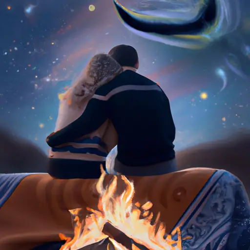 An image of a tender Taurus woman, sitting under a starlit sky on a cozy blanket, her hand gently intertwined with her partner's, as they share a warm embrace by a crackling bonfire