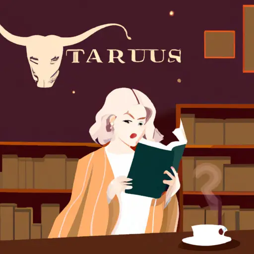 An image of a Taurus woman sitting in a cozy library, engrossed in a thought-provoking book, surrounded by shelves filled with captivating novels, with a warm cup of tea beside her