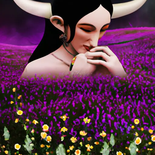 An image of a Taurus woman standing in a blooming field, her gentle touch nurturing a vibrant garden