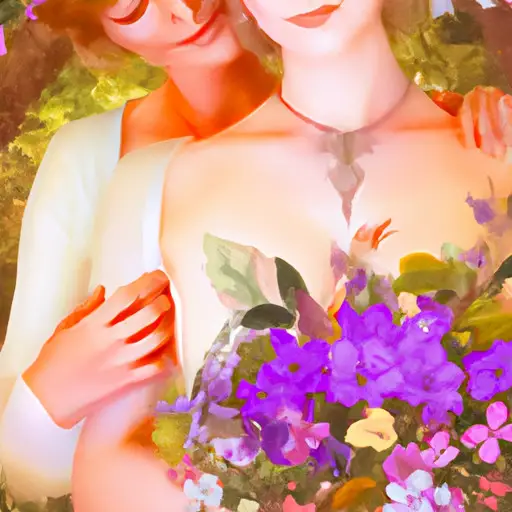 An image featuring a serene garden with vibrant blossoms, where a Taurus woman gently caresses a partner's cheek while holding a bouquet of their favorite flowers